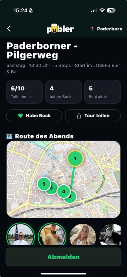 Screenshot der publer App mit Routendarstellung